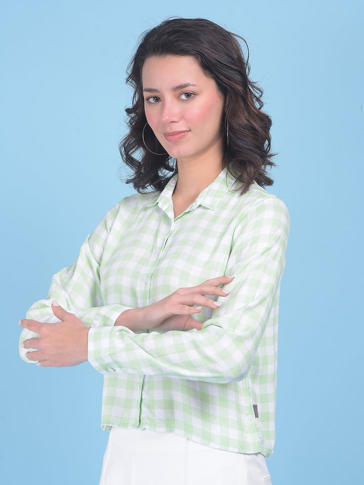 Green Plain Check Shirt-Women Shirts-Crimsoune Club