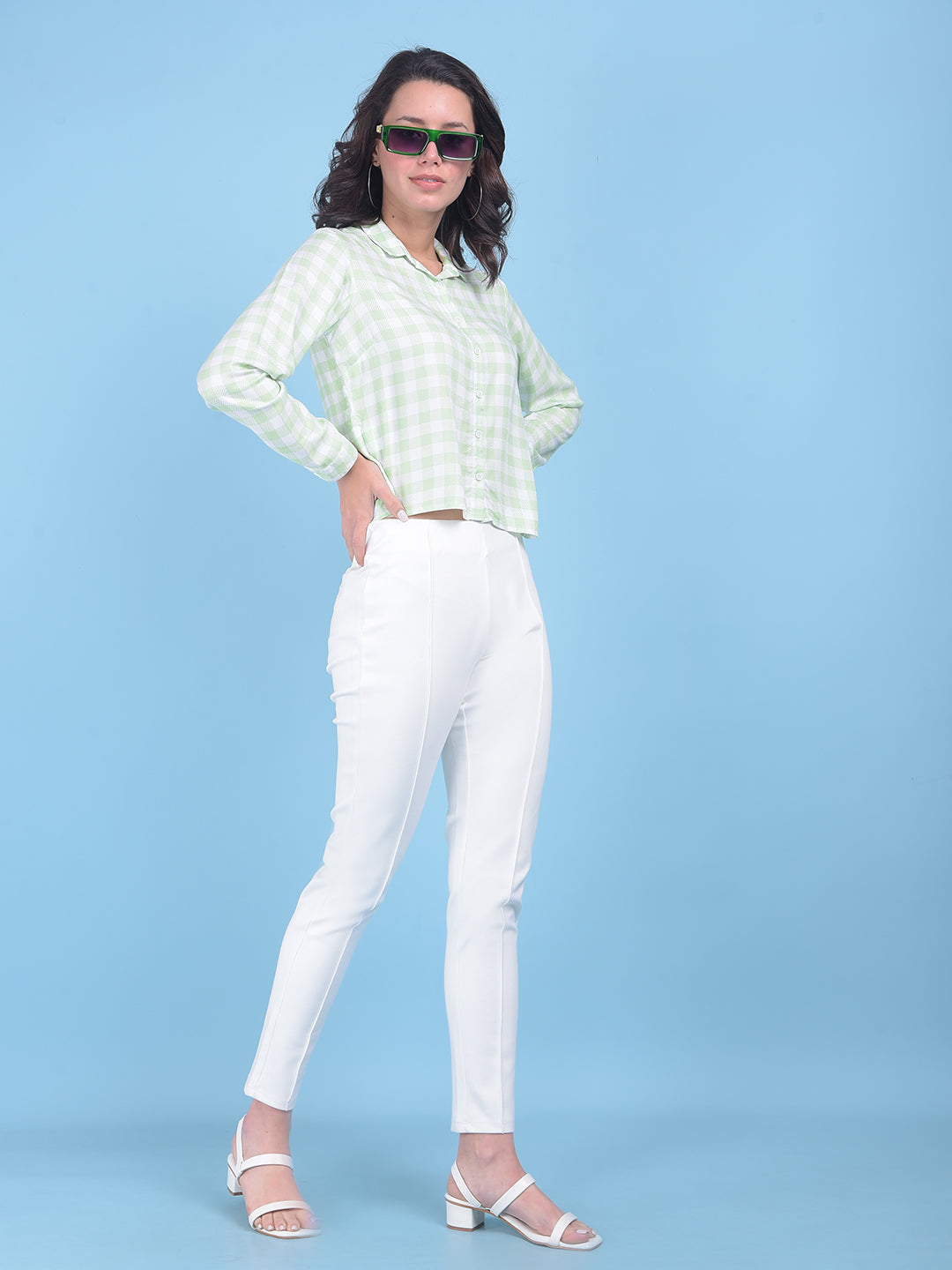 Green Plain Check Shirt-Women Shirts-Crimsoune Club