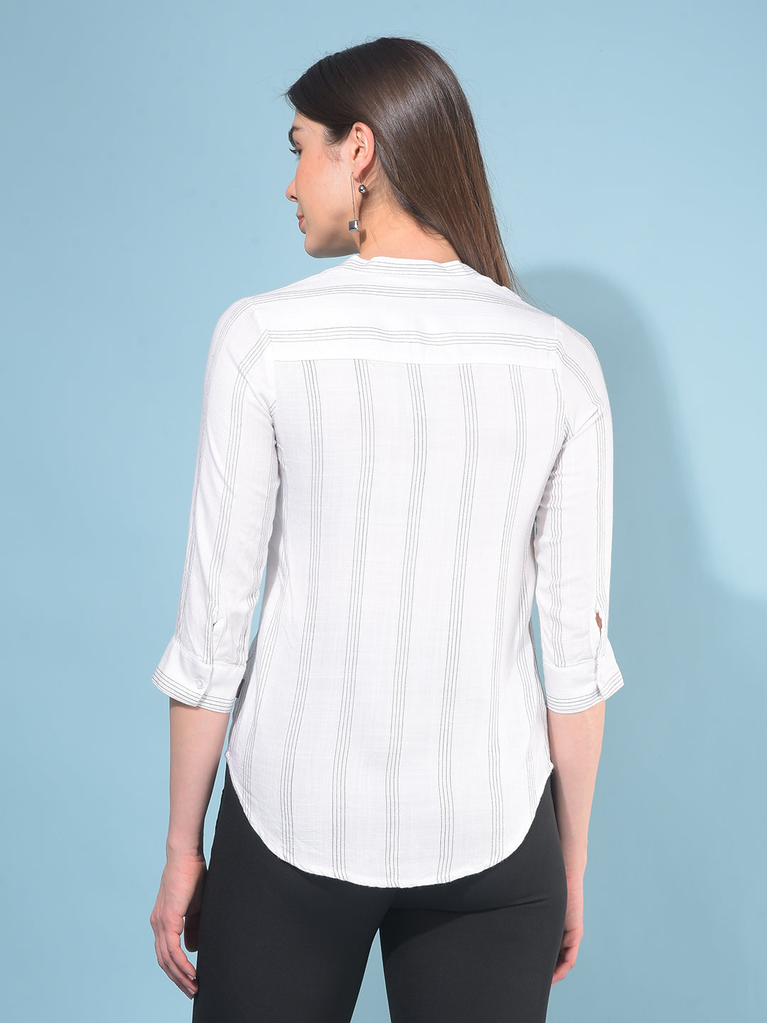 White Verticle Striped 100% Lyocell Shirt-Women Shirts-Crimsoune Club