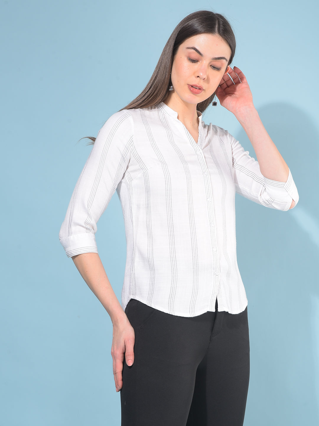 White Verticle Striped 100% Lyocell Shirt-Women Shirts-Crimsoune Club