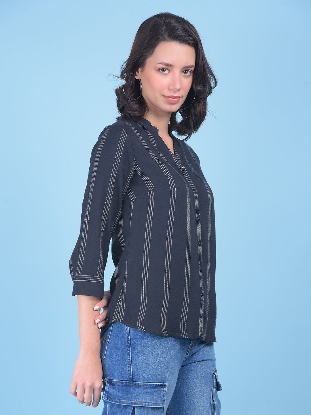 Black Vertical Striped Shirt-Women Shirts-Crimsoune Club