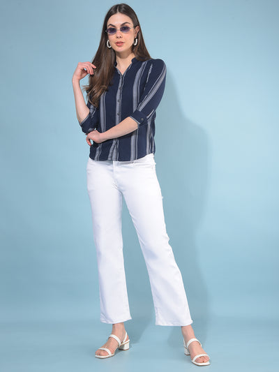 Navy Blue Verticle Striped Cotton Shirt-Women Shirts-Crimsoune Club