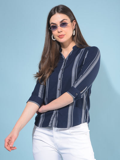 Navy Blue Verticle Striped Cotton Shirt-Women Shirts-Crimsoune Club