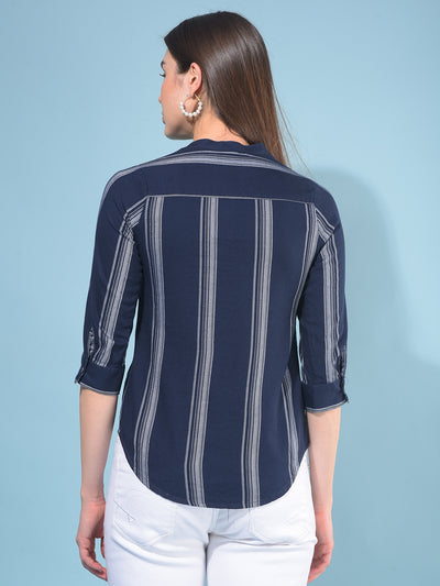 Navy Blue Verticle Striped Cotton Shirt-Women Shirts-Crimsoune Club