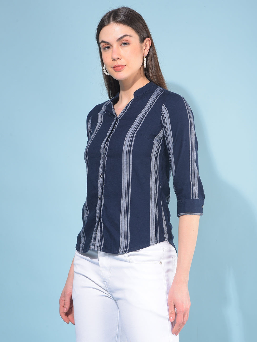 Navy Blue Verticle Striped Cotton Shirt-Women Shirts-Crimsoune Club
