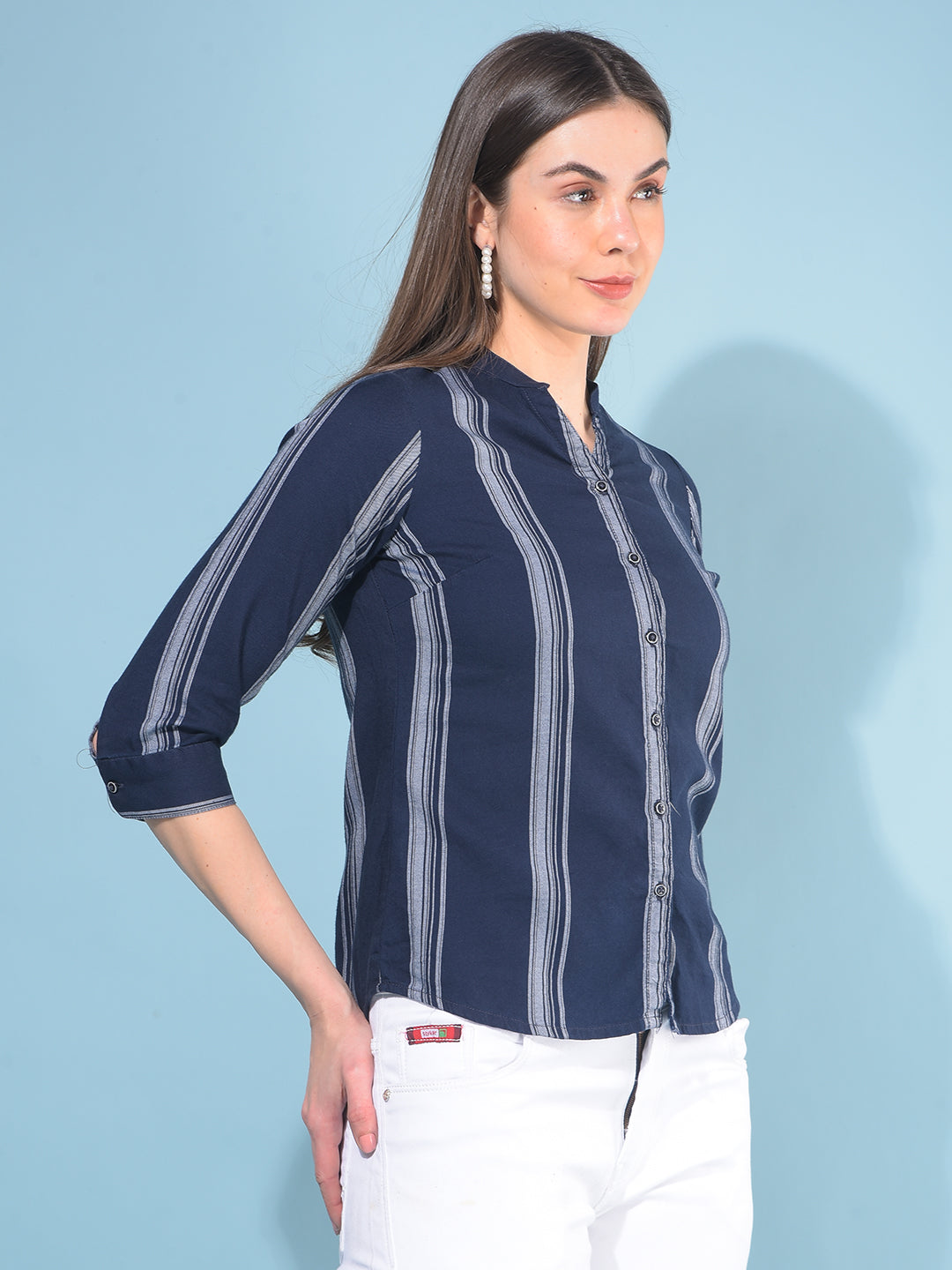 Navy Blue Verticle Striped Cotton Shirt-Women Shirts-Crimsoune Club