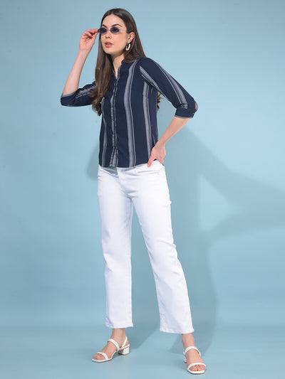 Navy Blue Verticle Striped Cotton Shirt-Women Shirts-Crimsoune Club