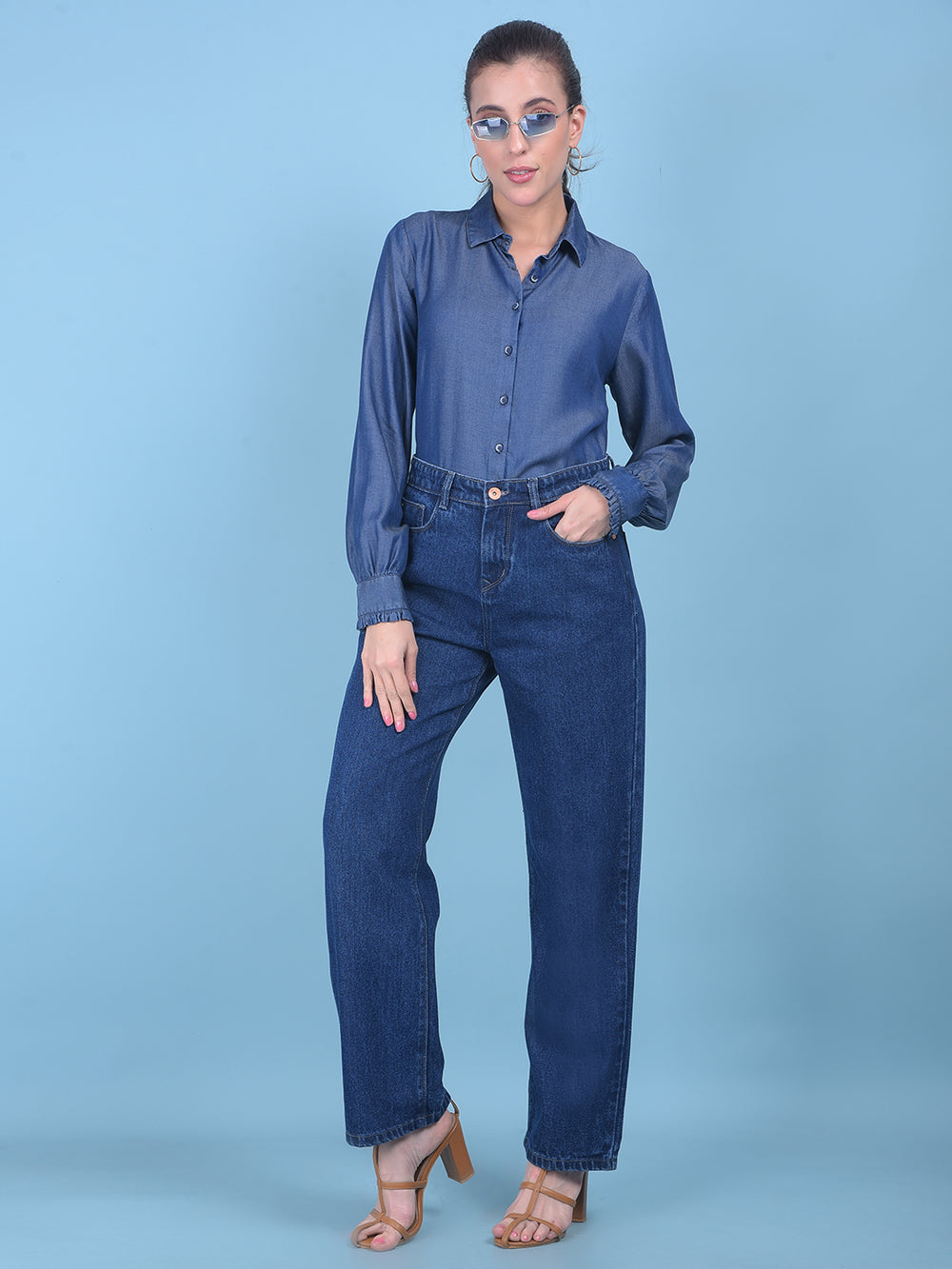 Blue 100% Lyocell Shirt-Women Shirts-Crimsoune Club