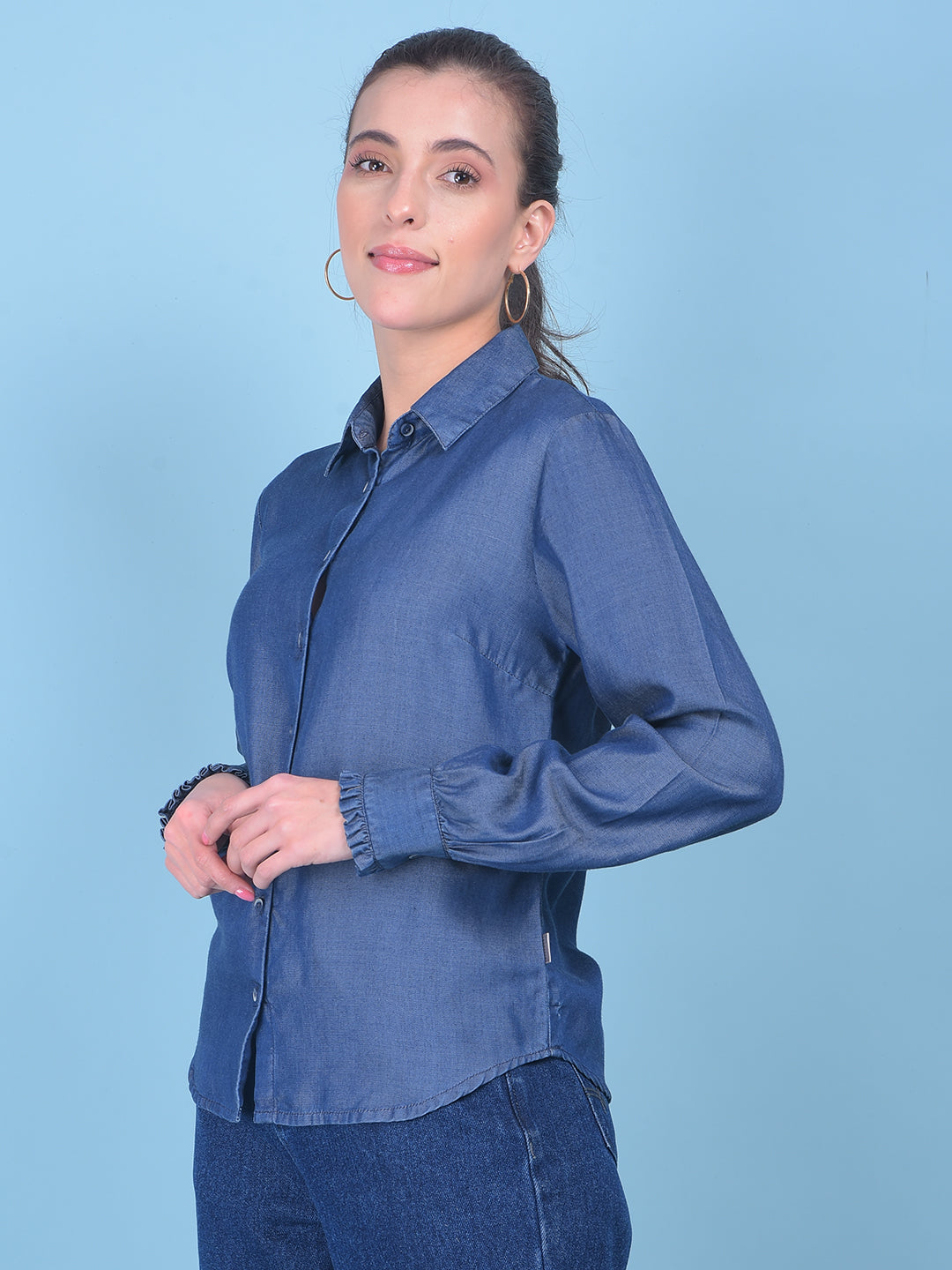 Blue 100% Lyocell Shirt-Women Shirts-Crimsoune Club