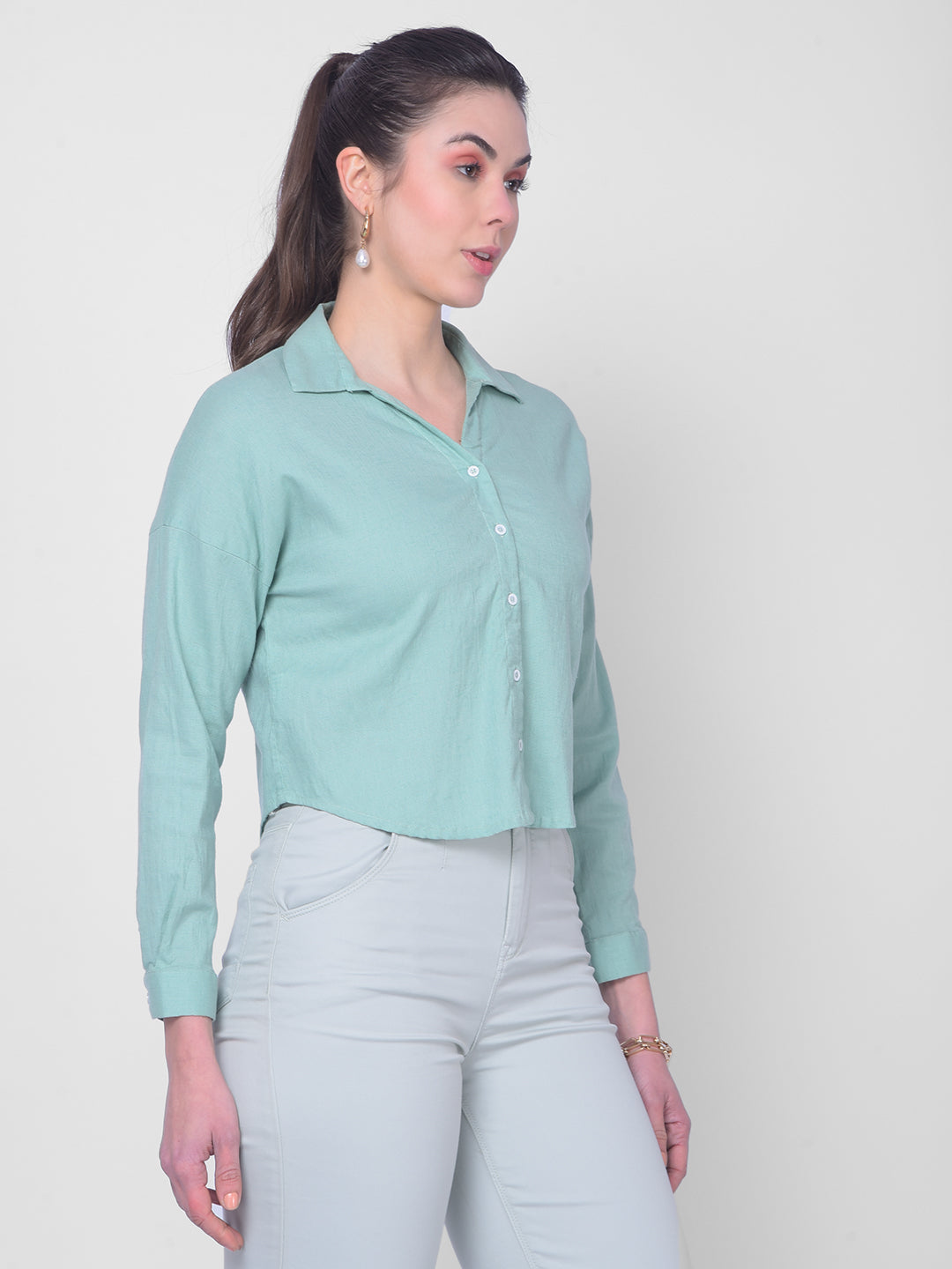 Green Linen Shirt-Women Shirts-Crimsoune Club