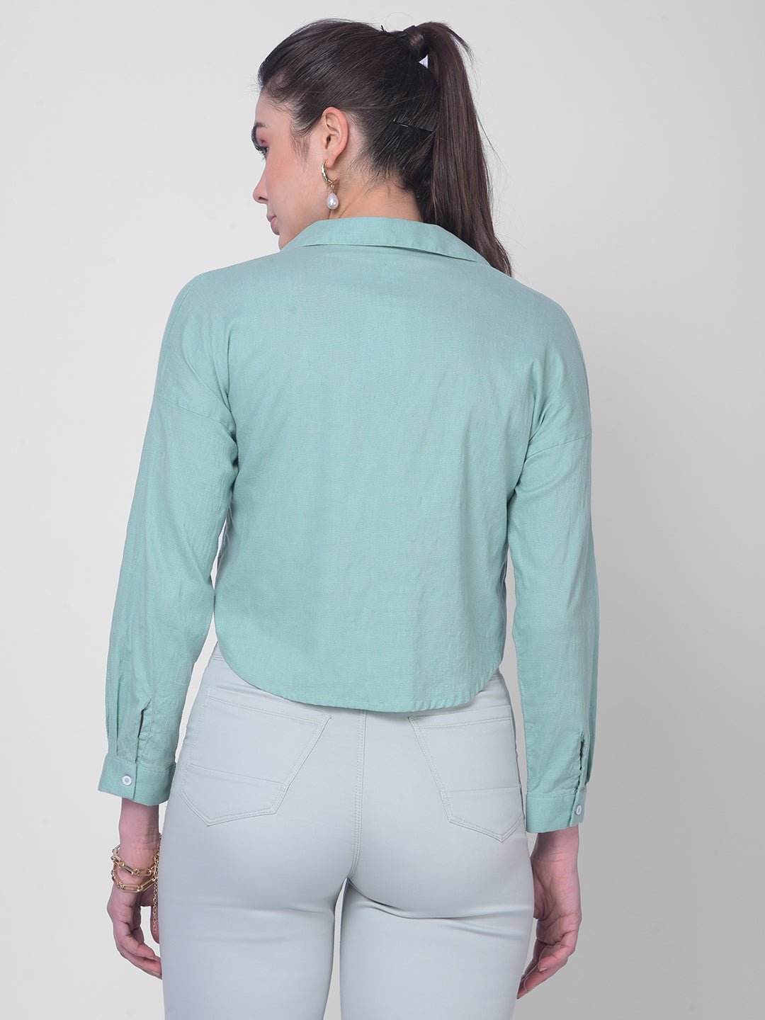 Green Linen Shirt-Women Shirts-Crimsoune Club