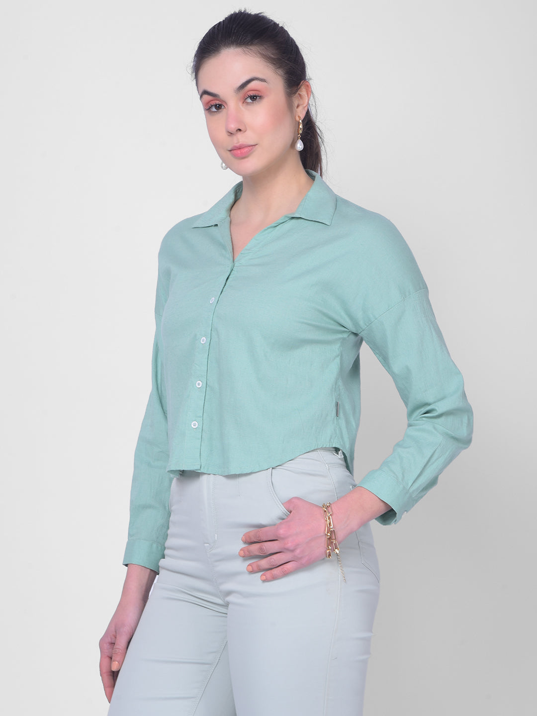 Green Linen Shirt-Women Shirts-Crimsoune Club