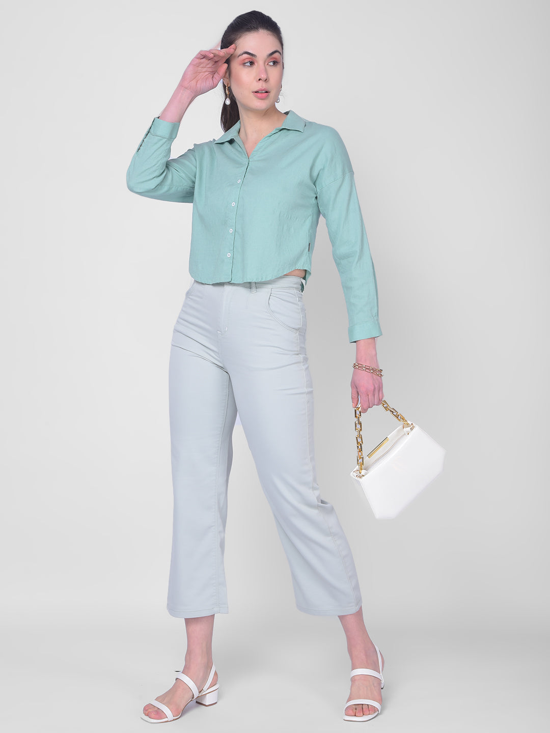 Green Linen Shirt-Women Shirts-Crimsoune Club