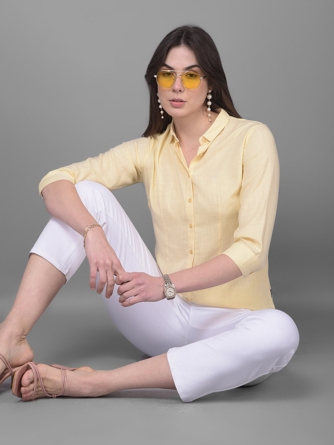 Yellow Printed Shirt-Women Shirts-Crimsoune Club