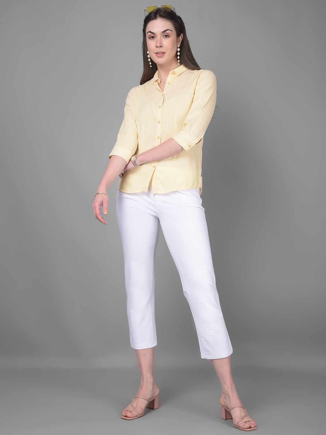 Yellow Printed Shirt-Women Shirts-Crimsoune Club