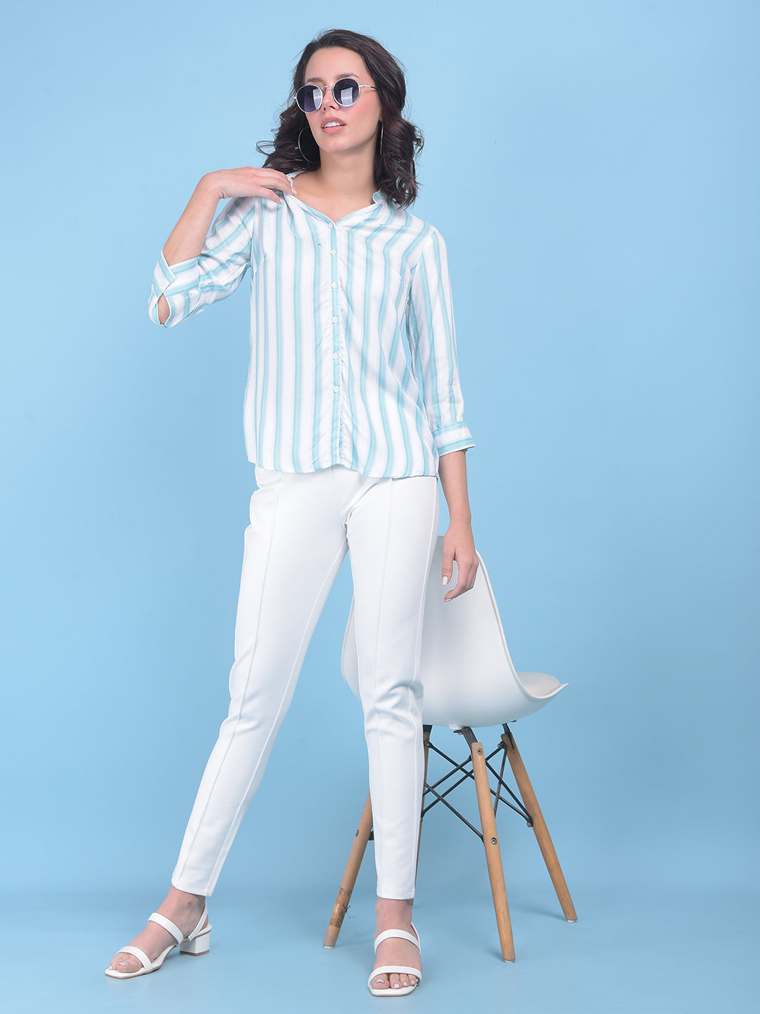 Green Vertical Striped Shirt-Women Shirts-Crimsoune Club