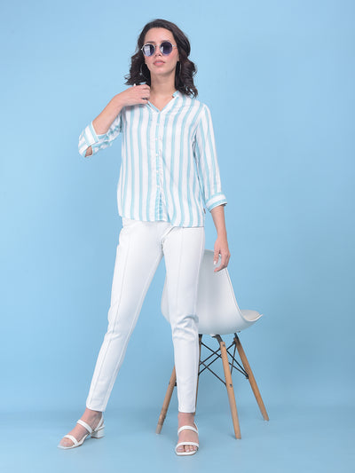 Green Vertical Striped Shirt-Women Shirts-Crimsoune Club