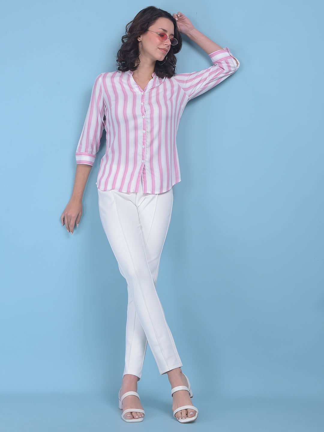 Pink Vertical Striped Shirt-Women Shirts-Crimsoune Club