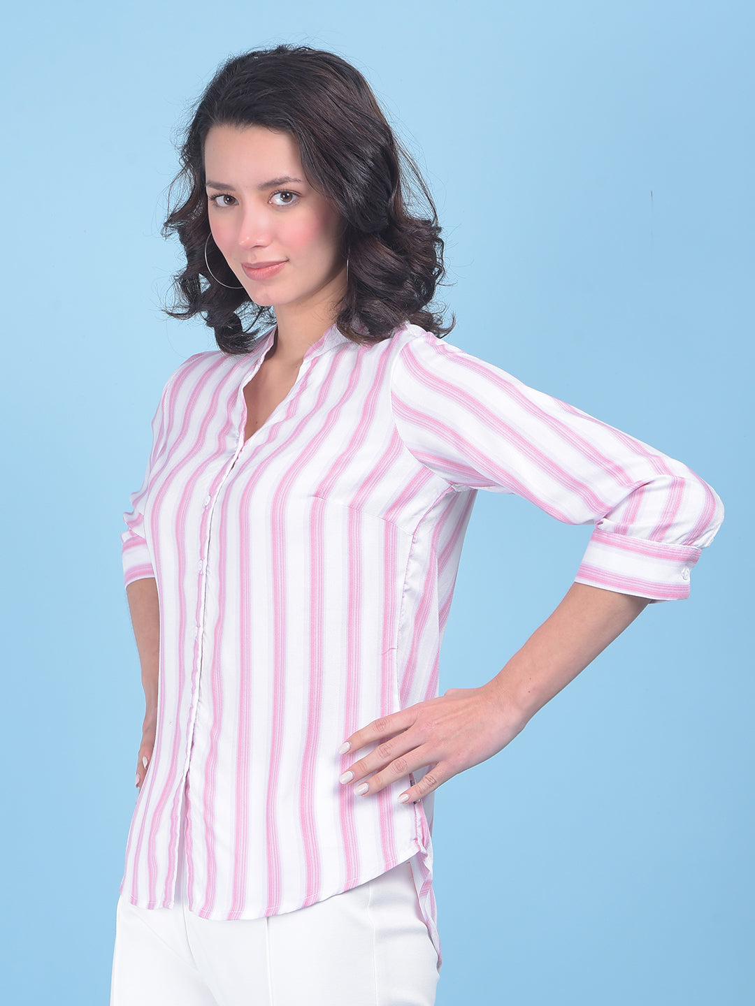 Pink Vertical Striped Shirt-Women Shirts-Crimsoune Club