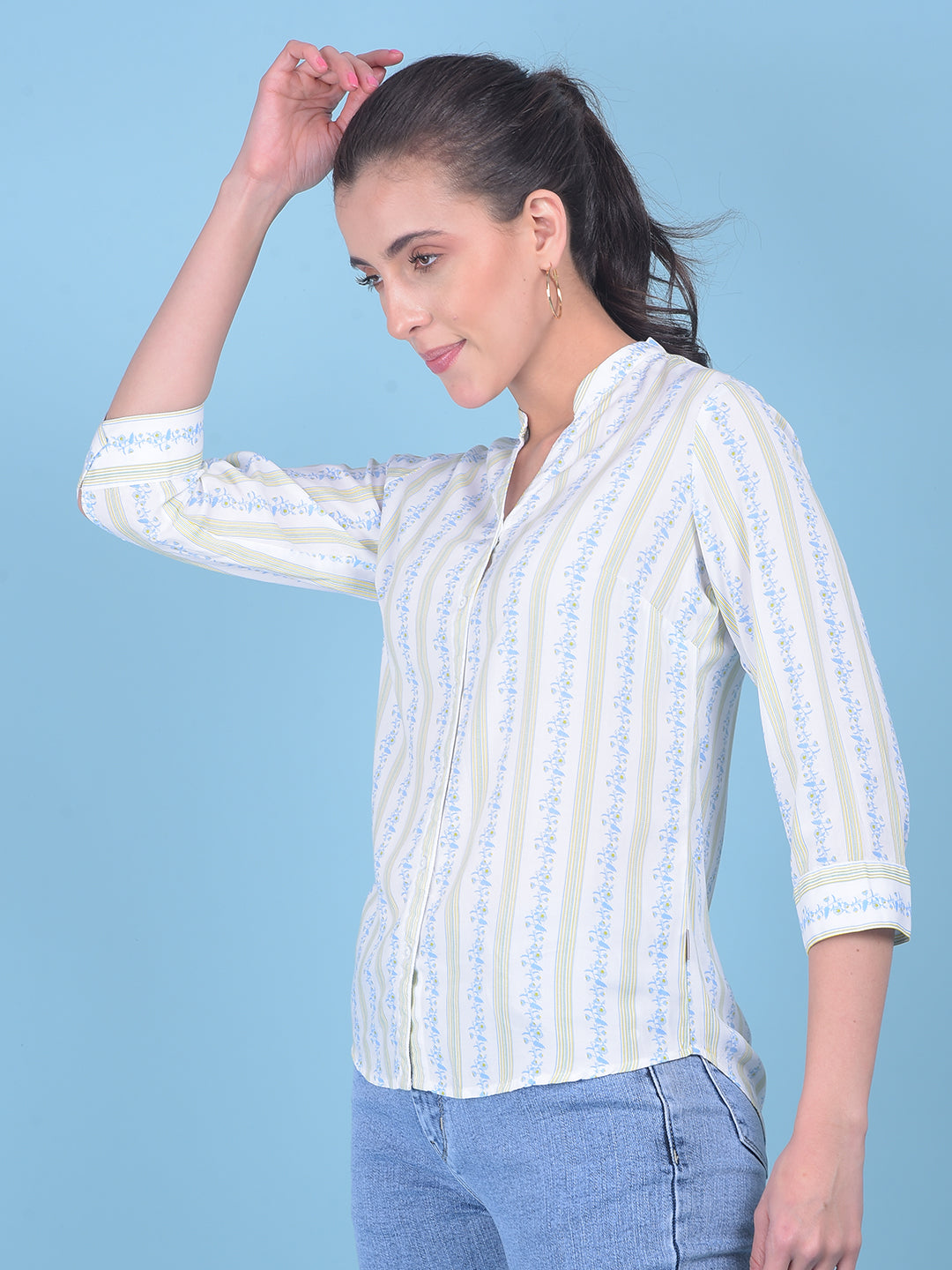 Blue Floral Print Shirt-Women Shirts-Crimsoune Club