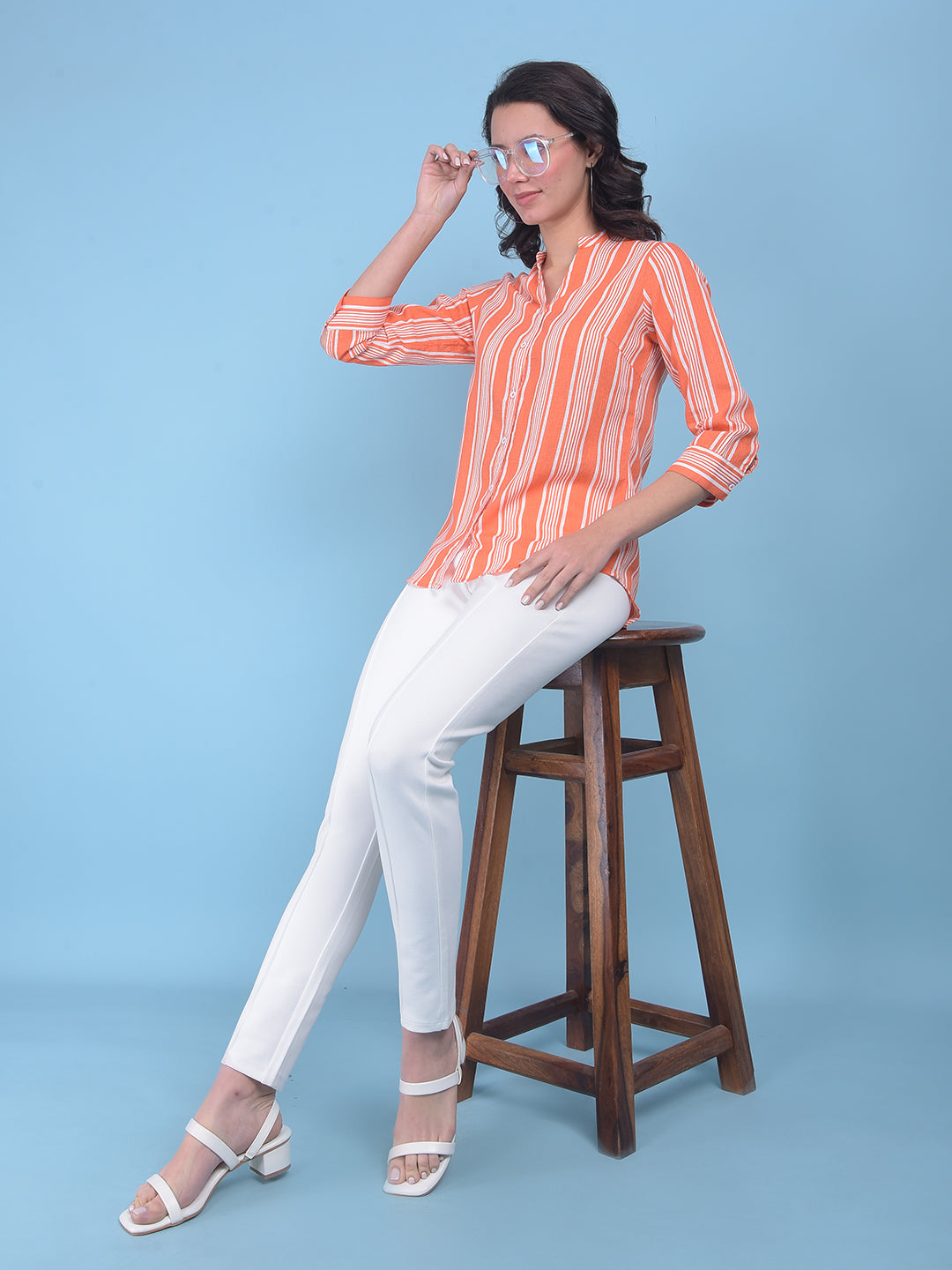 Orange Vertical Striped Shirt-Women Shirts-Crimsoune Club