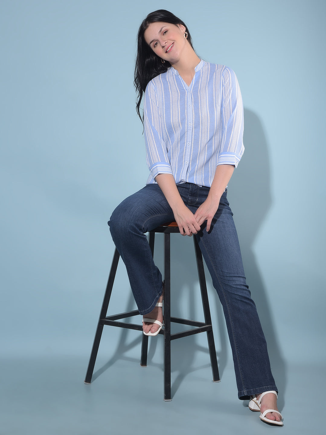 Blue Vertical Striped Shirt-Women Shirts-Crimsoune Club