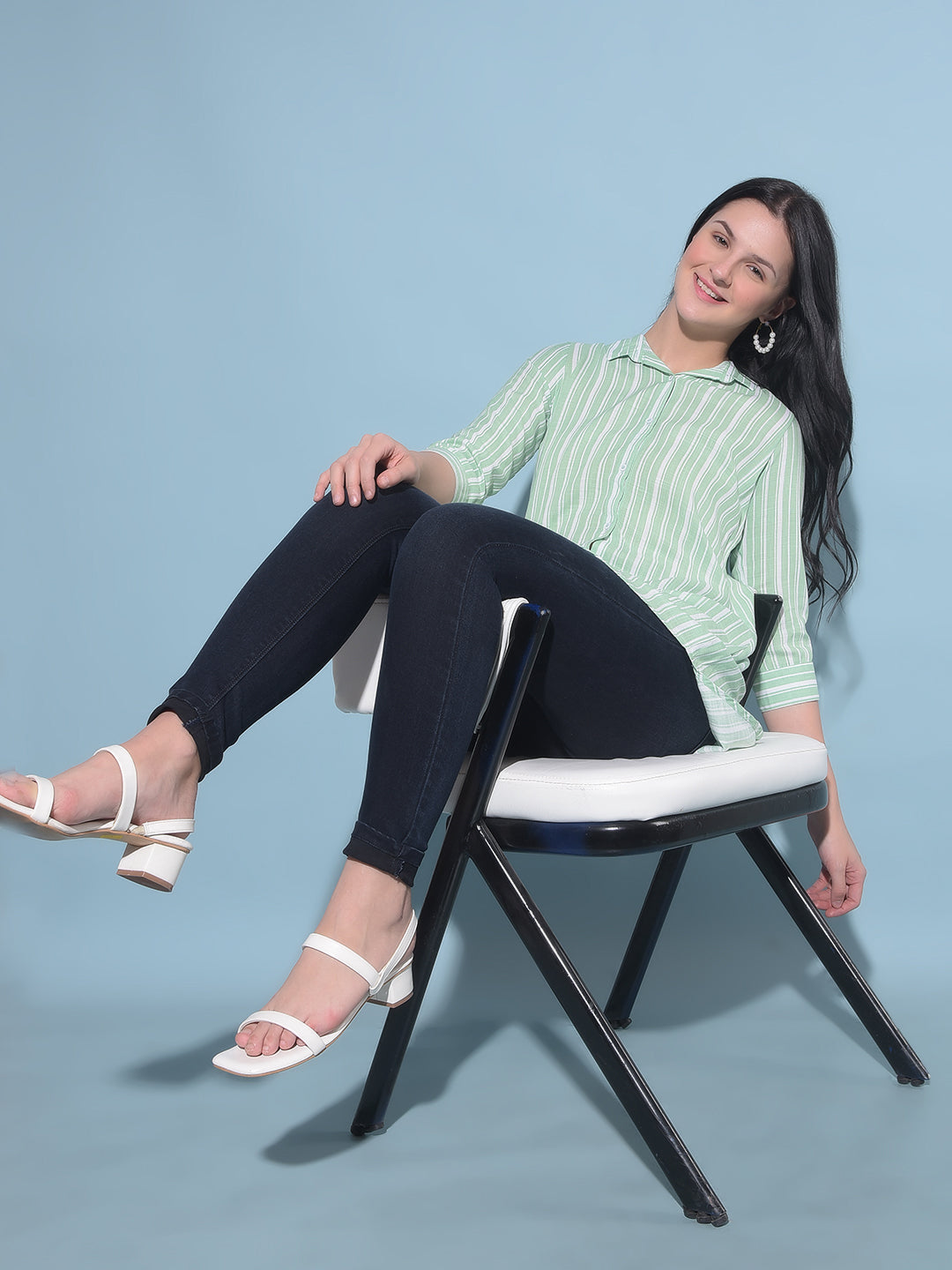 Green Vertical Striped Shirt-Women Shirts-Crimsoune Club