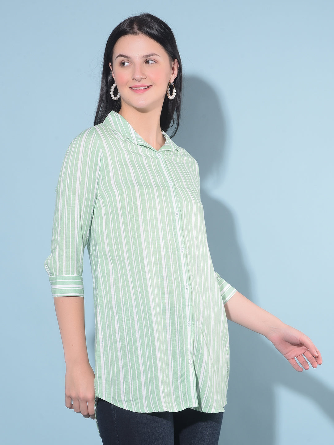 Green Vertical Striped Shirt-Women Shirts-Crimsoune Club