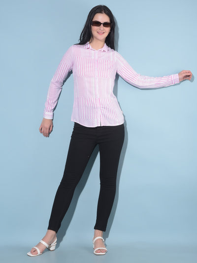 Pink Vertical Striped Shirt-Women Shirts-Crimsoune Club