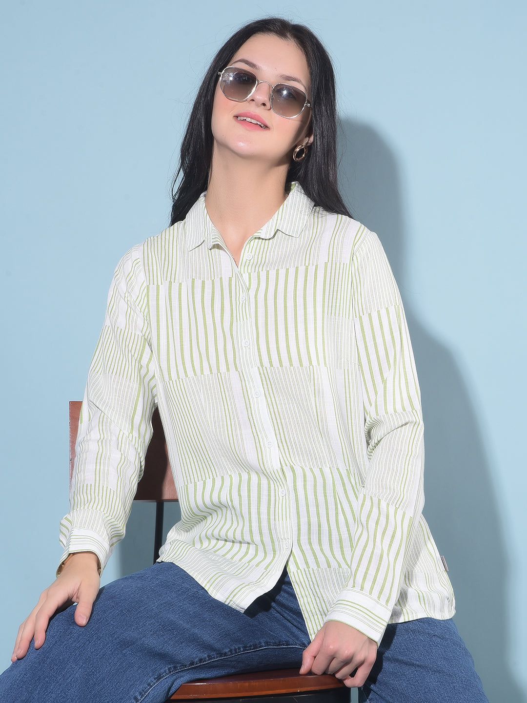 Green Striped Shirt-Women Shirts-Crimsoune Club