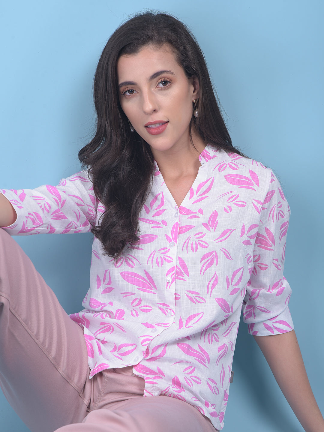 Pink Floral Print Shirt-Women Shirts-Crimsoune Club