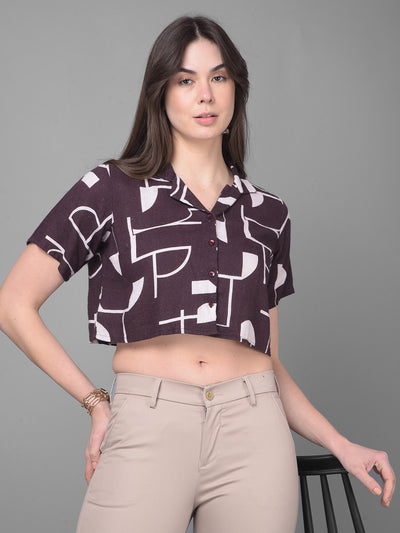 Brown Printed Linen Shirt-Women Shirts-Crimsoune Club