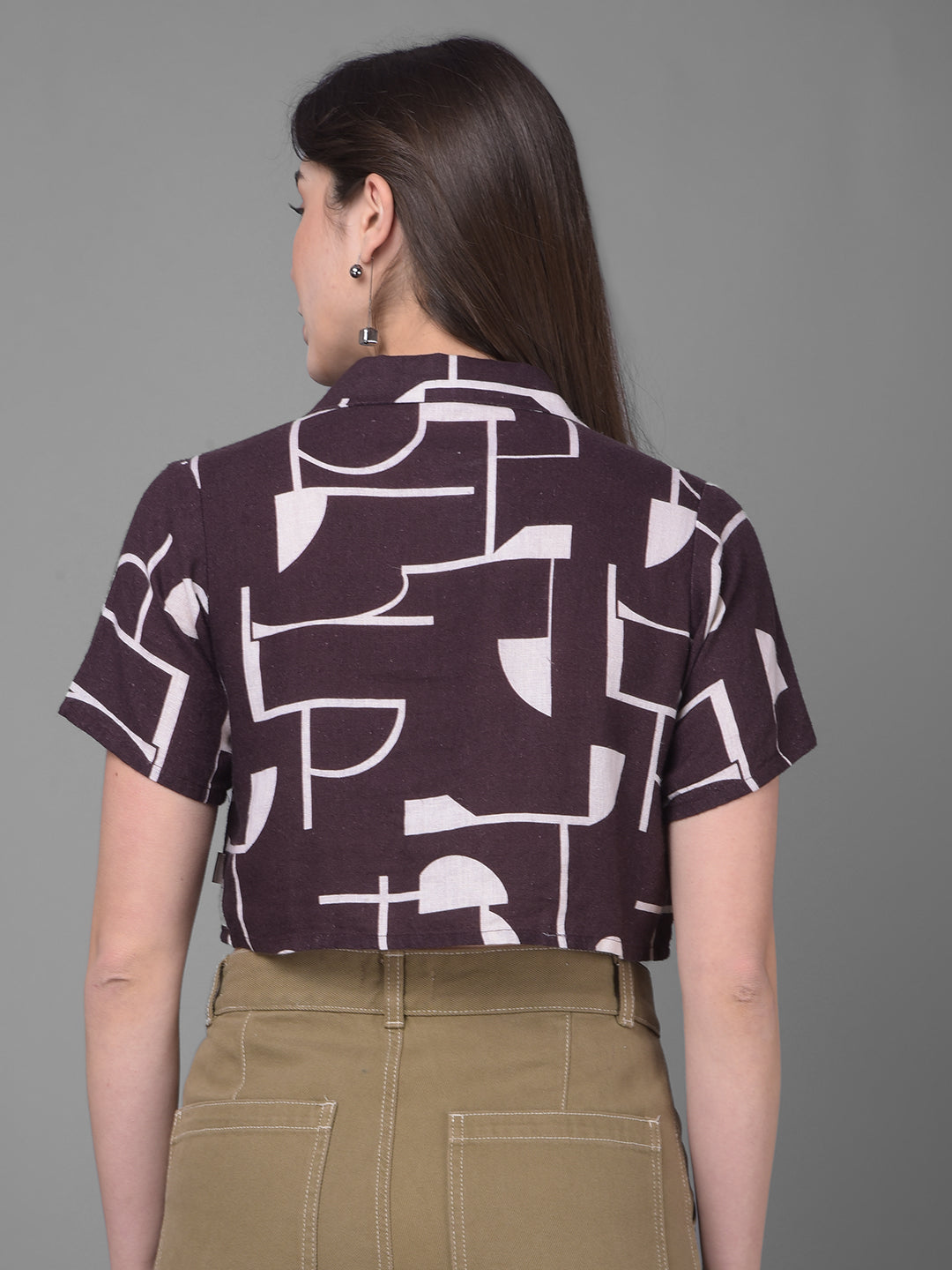 Brown Printed Linen Shirt-Women Shirts-Crimsoune Club