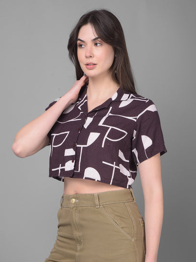 Brown Printed Linen Shirt-Women Shirts-Crimsoune Club