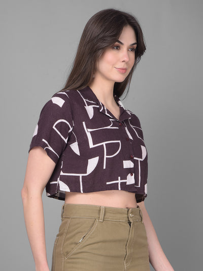 Brown Printed Linen Shirt-Women Shirts-Crimsoune Club