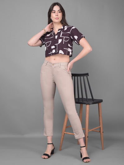 Brown Printed Linen Shirt-Women Shirts-Crimsoune Club