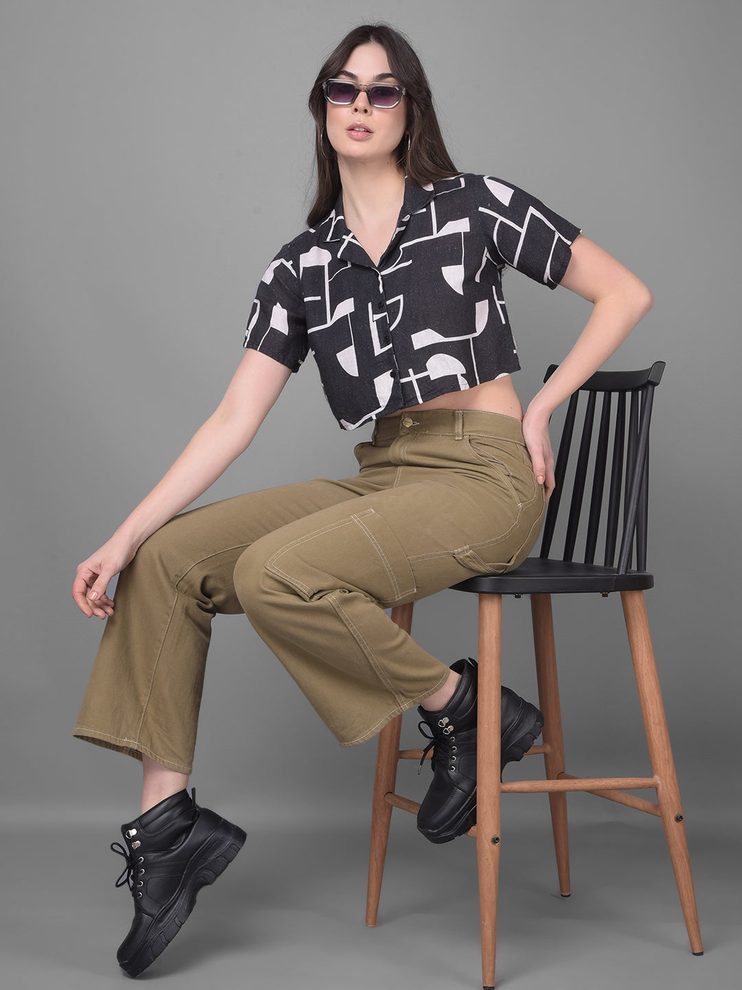 Black Printed Linen Shirt-Women Shirts-Crimsoune Club