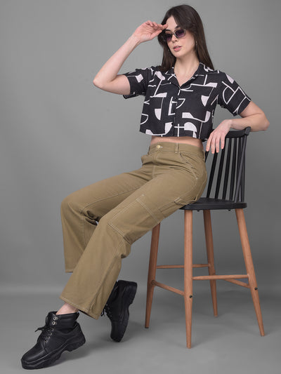 Black Printed Linen Shirt-Women Shirts-Crimsoune Club