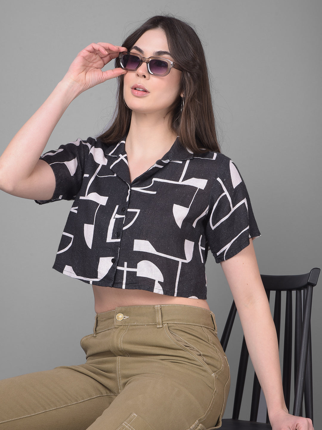 Black Printed Linen Shirt-Women Shirts-Crimsoune Club