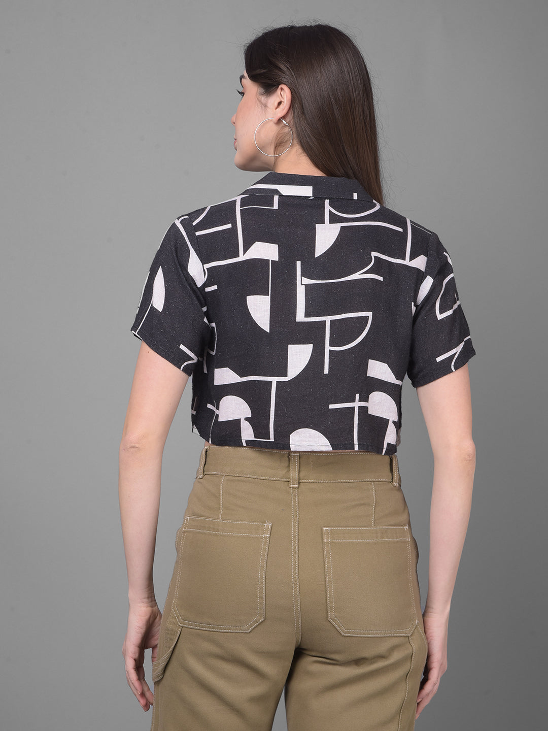 Black Printed Linen Shirt-Women Shirts-Crimsoune Club