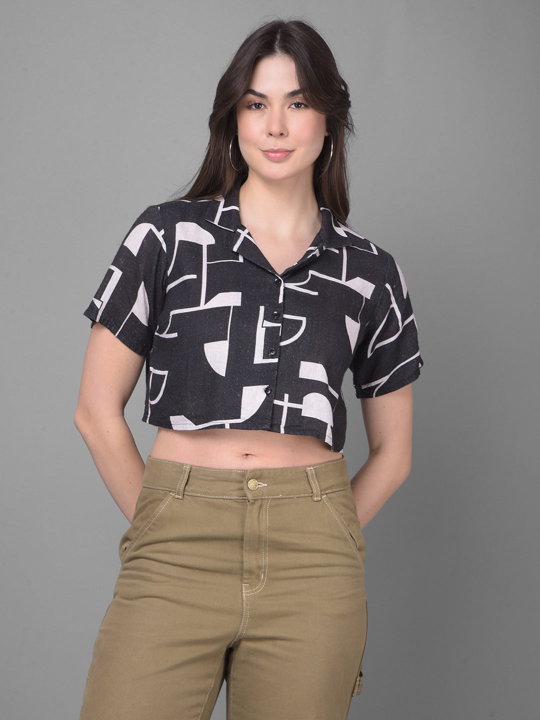 Black Printed Linen Shirt-Women Shirts-Crimsoune Club