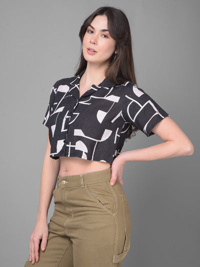 Black Printed Linen Shirt-Women Shirts-Crimsoune Club