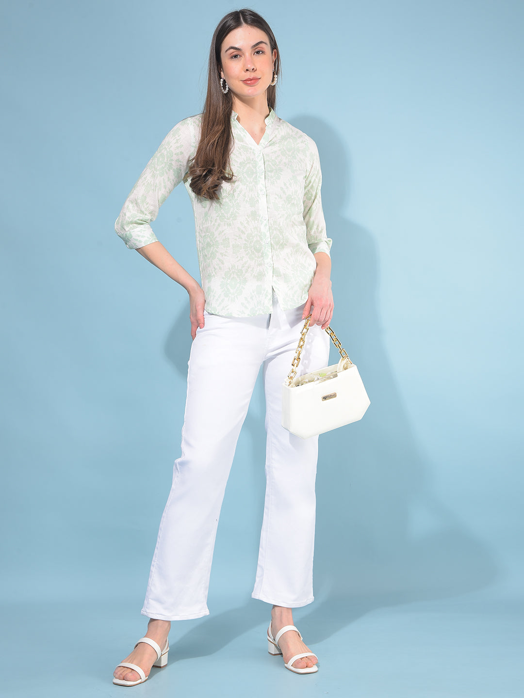 Green Floral Print Linen Shirt-Women Shirts-Crimsoune Club