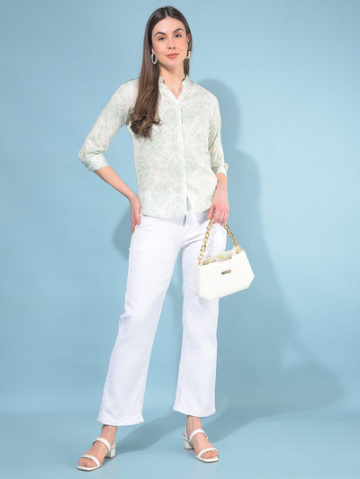 Green Floral Print Linen Shirt-Women Shirts-Crimsoune Club