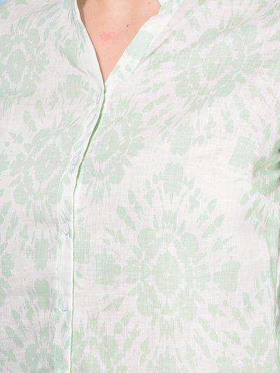 Green Floral Print Linen Shirt-Women Shirts-Crimsoune Club