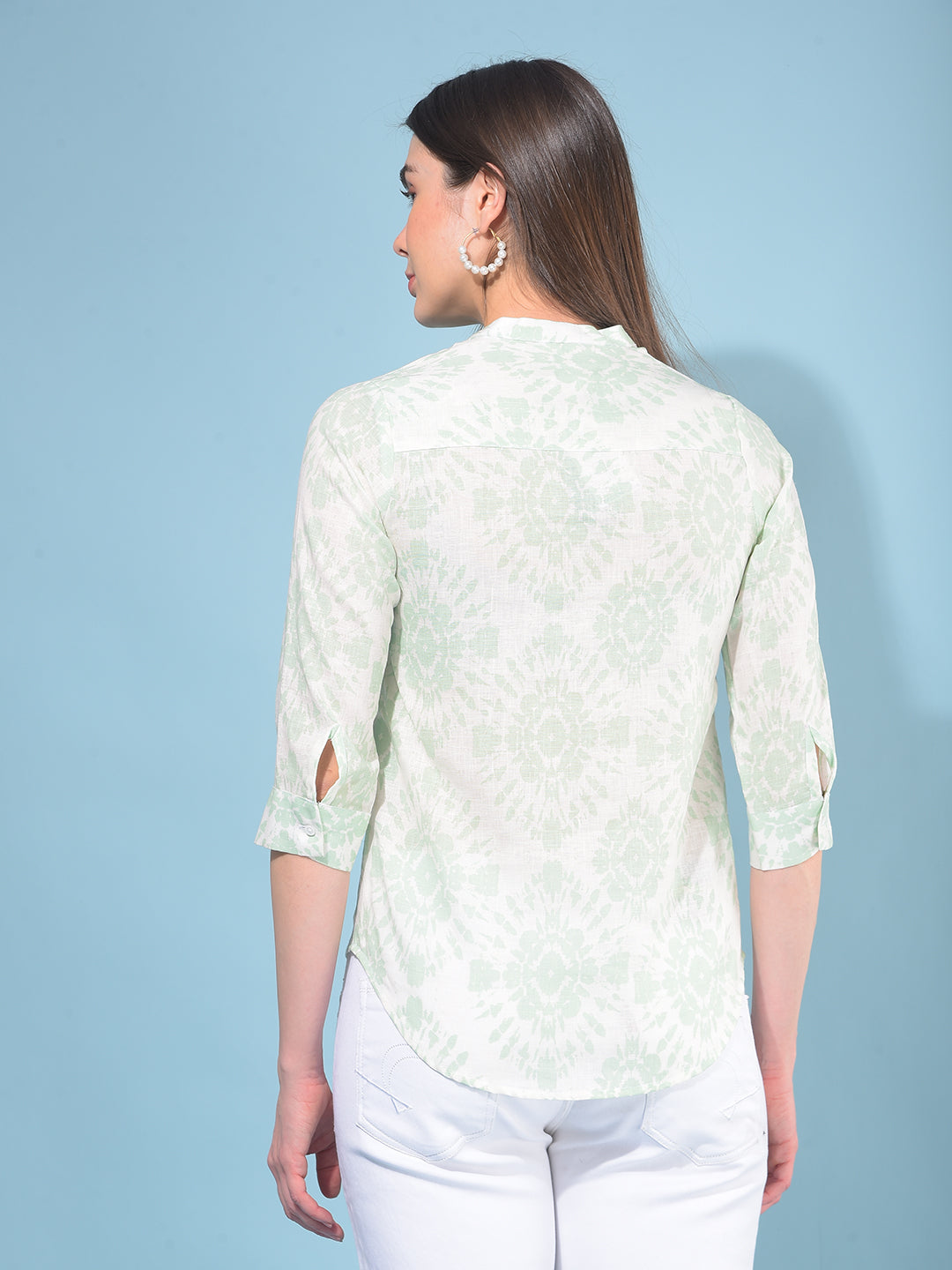 Green Floral Print Linen Shirt-Women Shirts-Crimsoune Club