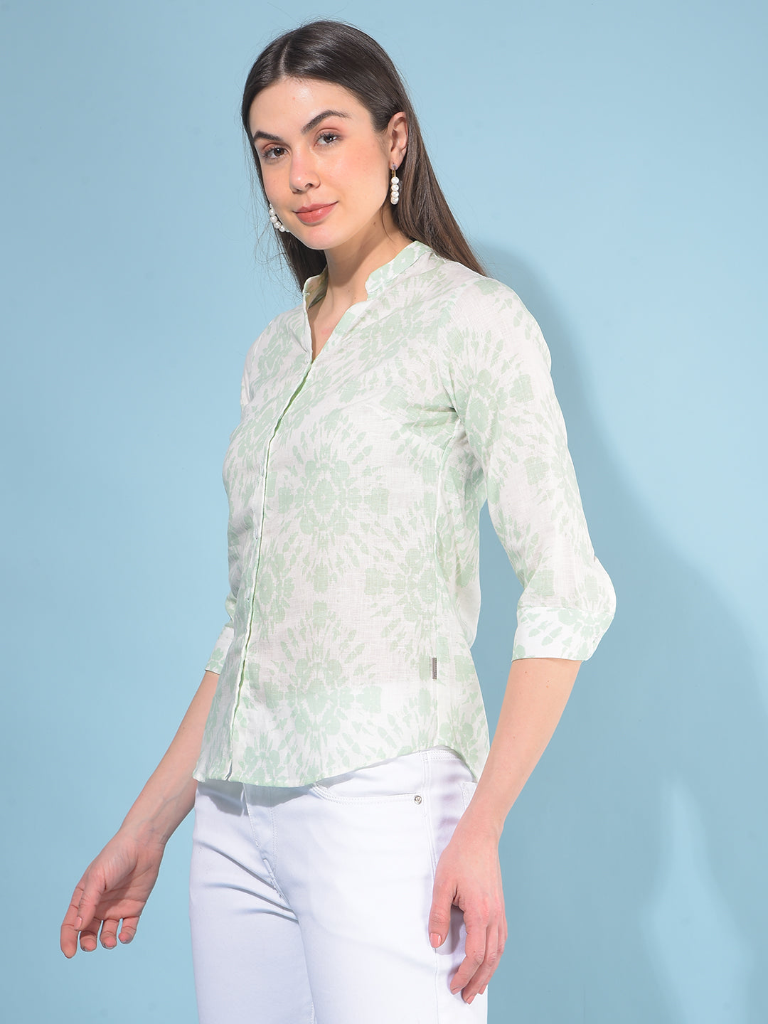 Green Floral Print Linen Shirt-Women Shirts-Crimsoune Club