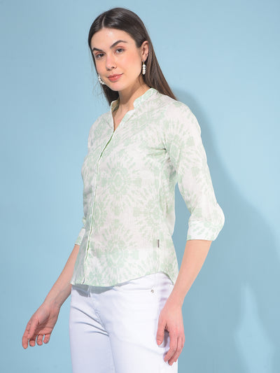 Green Floral Print Linen Shirt-Women Shirts-Crimsoune Club