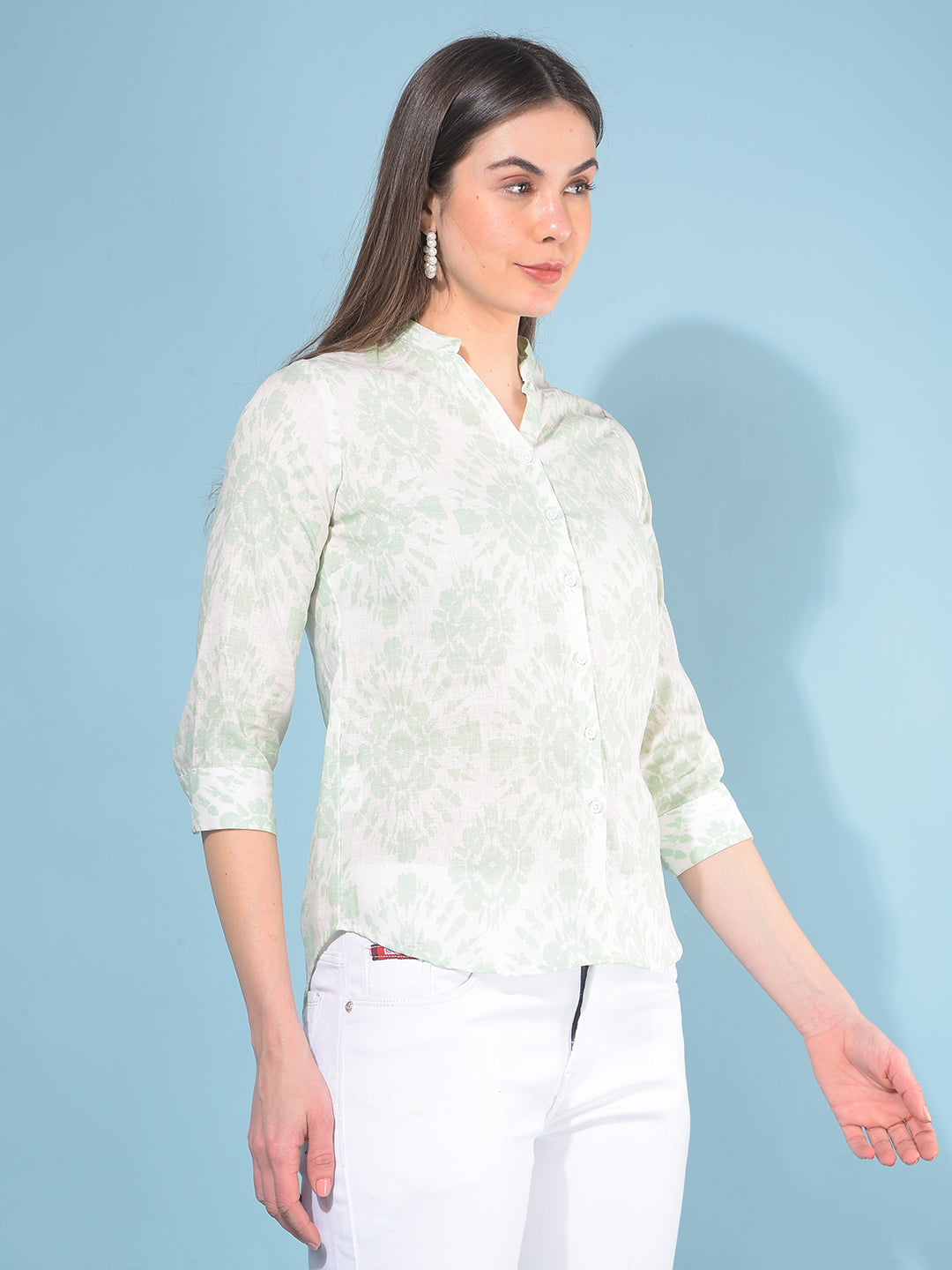 Green Floral Print Linen Shirt-Women Shirts-Crimsoune Club