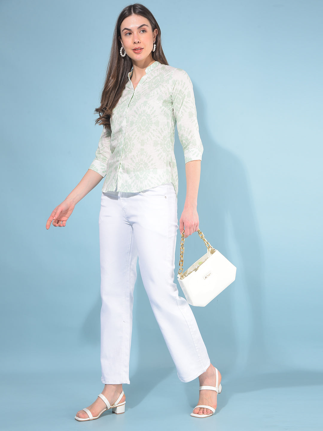 Green Floral Print Linen Shirt-Women Shirts-Crimsoune Club